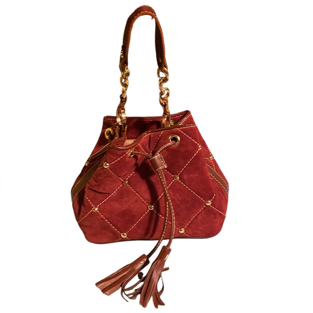 Claudia Firenze Quilted Drawstring Nubuck Leather Handbag Studded Bucket
